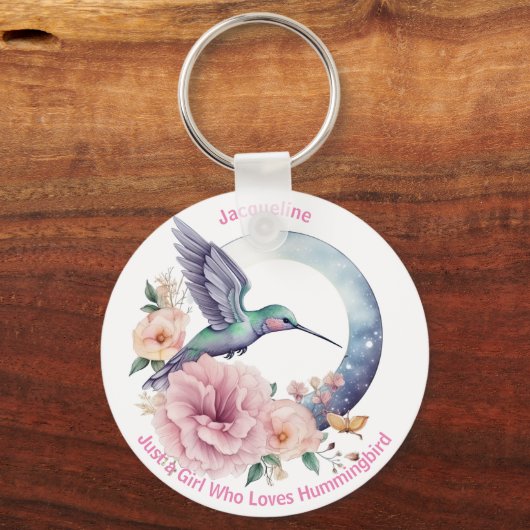 ピンク紫色の花ハミングバードの名パーソナライズされた前 キーホルダー (正面)