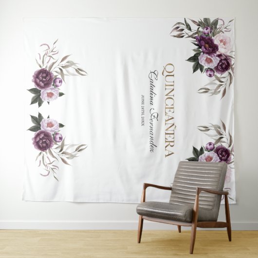 ピンク紫色の花バラ金ゴールドQUINCEAENERAプロップ タペストリー (インサイチュ(横))