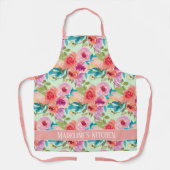 ピンク紫色の花ミントウォーターカラーボホキッチン エプロン (正面)