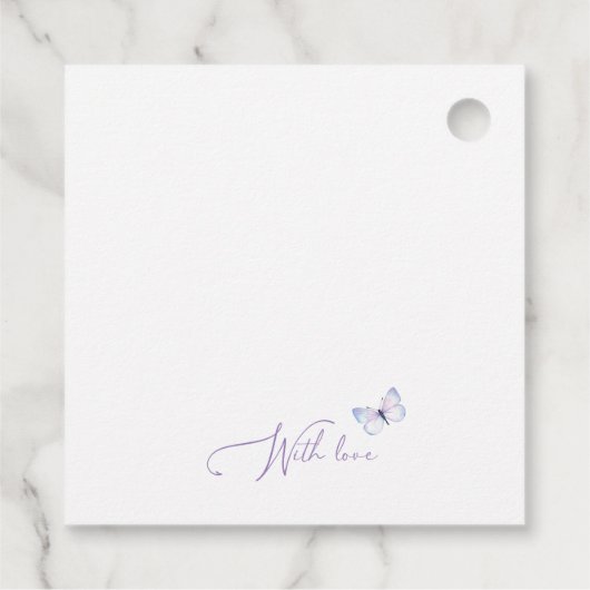 ピンク紫色の花蝶の誕生感謝してい日 フェイバータグ (裏面)