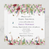 ピンク紫色の花蝶蝶スクエアベビーシャワー 招待状 (正面/裏面)