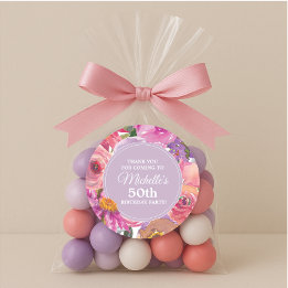 ピンク紫色の花50th誕生日パーティーありがとう ラウンドシール