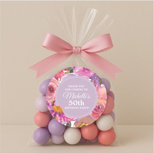 ピンク紫色の花50th誕生日パーティーありがとう ラウンドシール