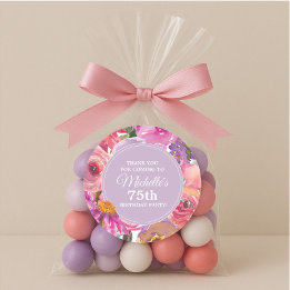 ピンク紫色の花75th誕生日パーティーありがとう ラウンドシール