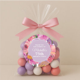 ピンク紫色の花75th誕生日パーティーありがとう ラウンドシール