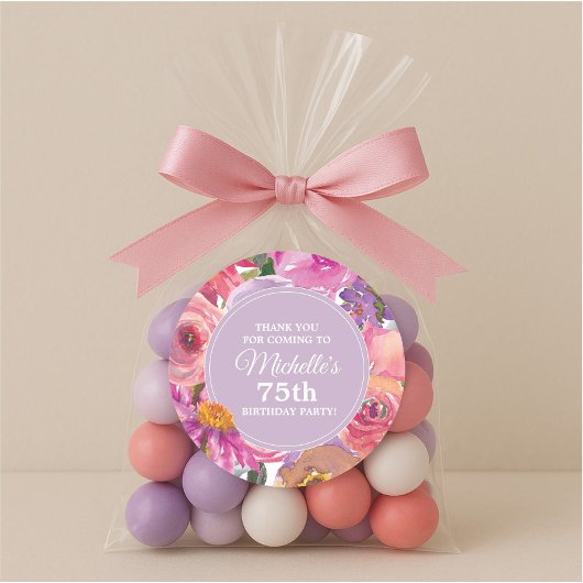 ピンク紫色の花75th誕生日パーティーありがとう ラウンドシール