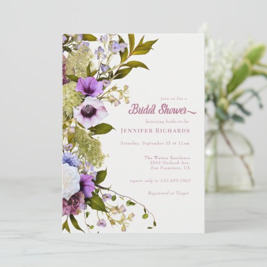 ピンク紫色の花 |ブライダルシャワーを咲かせる 招待状 (スタンド正面)
