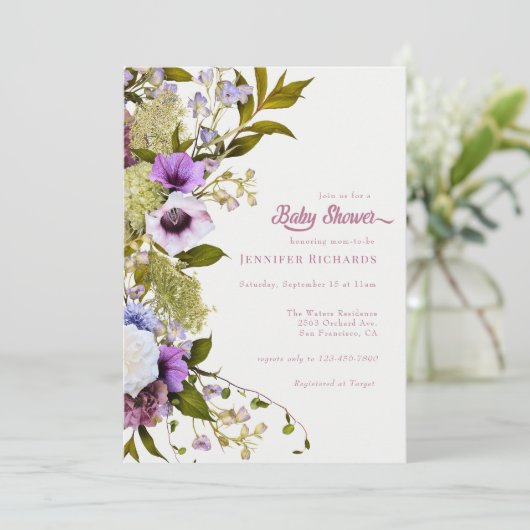 ピンク紫色の花 |赤ちゃんシャワーを咲かせる 招待状 (スタンド正面)