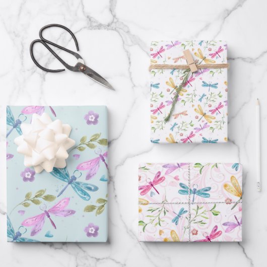 ピンク紫色の青い黄色の水色のトンボ ラッピングペーパーシート (正面)