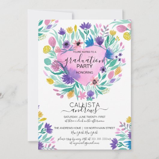 ピンク紫色の黄色いハートの花葉の卒業 招待状 (正面)