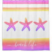 ピンク紫色の黄色いヒトデビーチライフスクリプはっきりしたト シャワーカーテン (正面)
