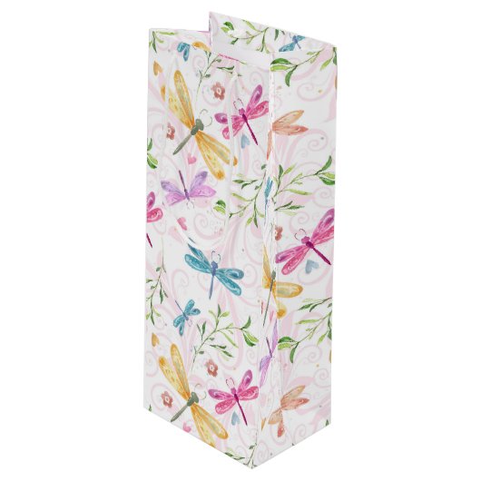 ピンク紫色の黄色の青い水色のトンボ ワインギフトバッグ (正面アングル)