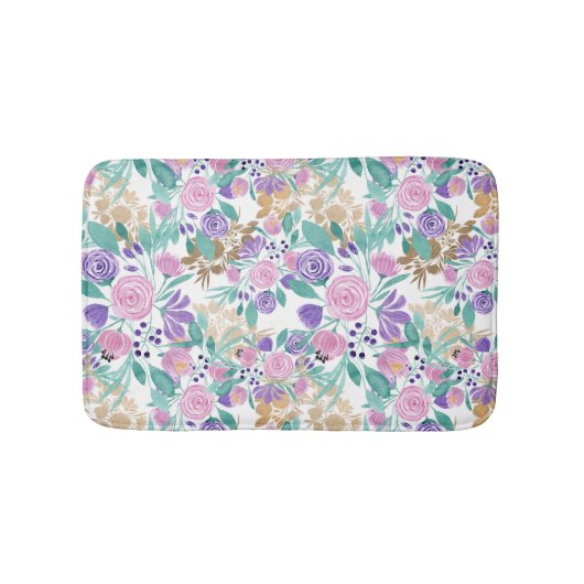 ピンク紫金ゴールド水彩花葉類 バスマット (正面)