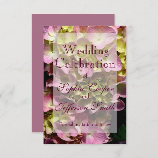 ピンク紫陽花イエローピンクグリーン結婚フローラ セーブザデート (正面/裏面)