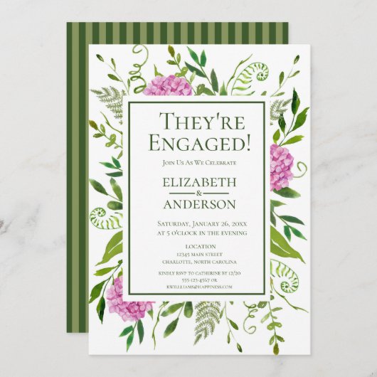 ピンク紫陽花フローラルウォーター色エンゲージメントパーティー 招待状 (正面/裏面)