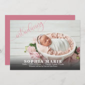 ピンク紹介ベビー写真の誕生のお知らせ (正面/裏面)