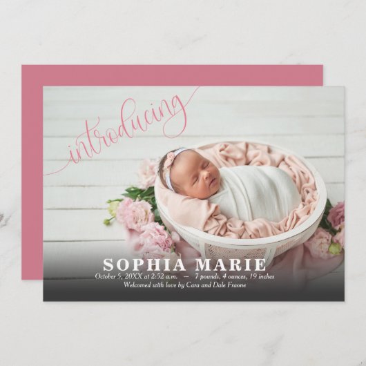 ピンク紹介ベビー写真の誕生のお知らせ (正面/裏面)