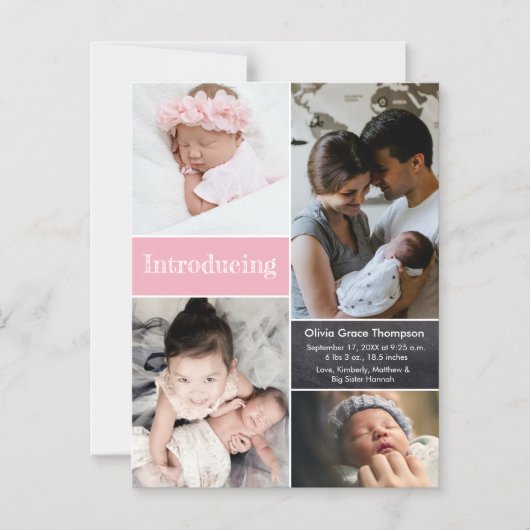 ピンク紹介写真の女の子誕生 マグネット招待状 (正面)