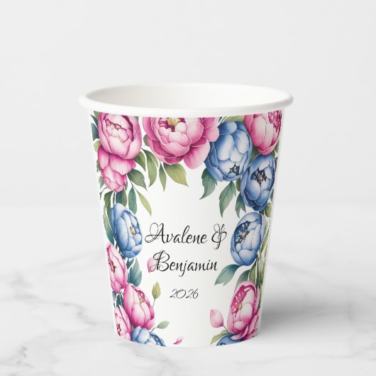 ピンク結婚とブルーの開花を持つ水色のアーチ 紙コップ (正面)
