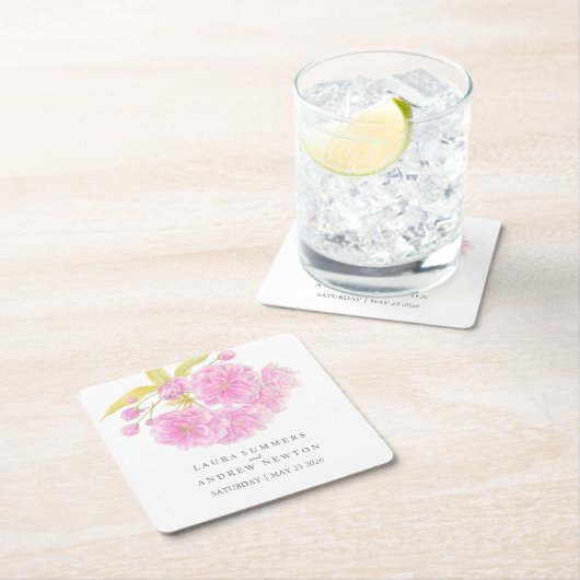 ピンク結婚のさくらんぼの花のカスタム紙コースター スクエアペーパーコースター (インサイチュ)