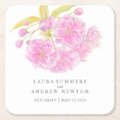 ピンク結婚のさくらんぼの花のカスタム紙コースター スクエアペーパーコースター (正面)