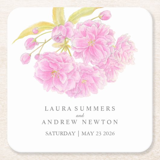 ピンク結婚のさくらんぼの花のカスタム紙コースター スクエアペーパーコースター (正面)