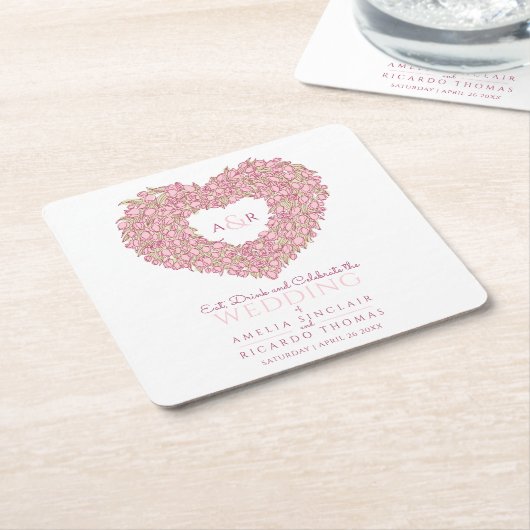 ピンク結婚のチューリップハートブーケインクスケッチ スクエアペーパーコースター (アングル)