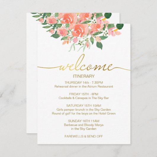 ピンク結婚のバラを使った旅程金ゴールドスクリプト エンクロージャーカード (正面/裏面)