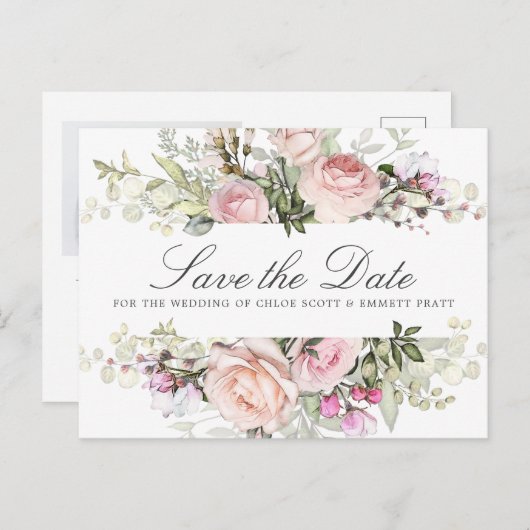 ピンク結婚のフローラの写真日付を保存 インビテーションポストカード (正面/裏面)