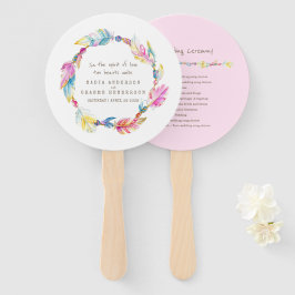 ピンク結婚のボーホフェザーとビーズのプログラムファン ハンドファン