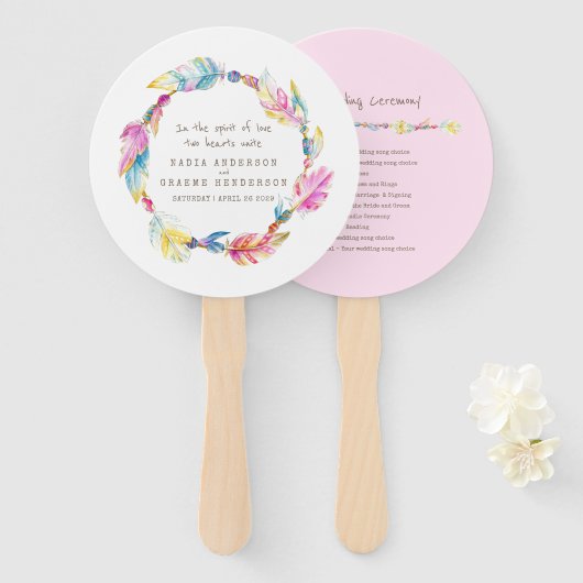 ピンク結婚のボーホフェザーとビーズのプログラムファン ハンドファン (正面&裏面)