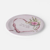 ピンク結婚のリボンハートとバラ ペーパープレート (アングル)