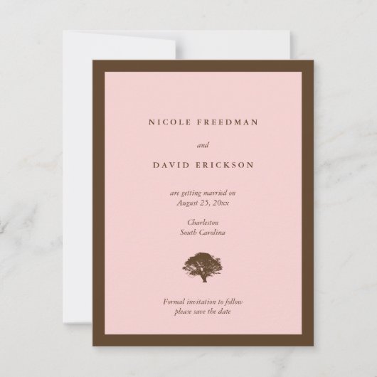 ピンク結婚の発表オークの木は日付を保存 招待状 (正面)