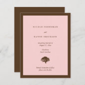 ピンク結婚の発表オークの木は日付を保存 招待状 (正面/裏面)