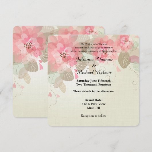 ピンク結婚の花 招待状 (正面/裏面)