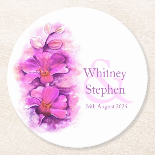 ピンク結婚の蘭の水の色のアート紙コースター ラウンドペーパーコースター (正面)