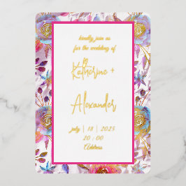 ピンク結婚ズフローラリリー招待状クラシック金ゴールド 箔招待状