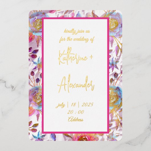 ピンク結婚ズフローラリリー招待状クラシック金ゴールド 箔招待状 (正面)