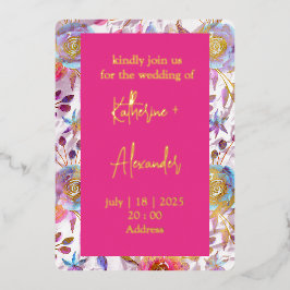 ピンク結婚ズフローラリリー招待状クラシック金ゴールド 箔招待状