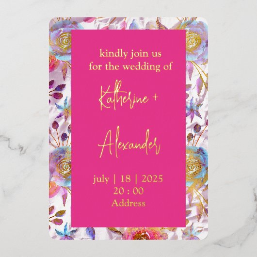 ピンク結婚ズフローラリリー招待状クラシック金ゴールド 箔招待状 (正面)