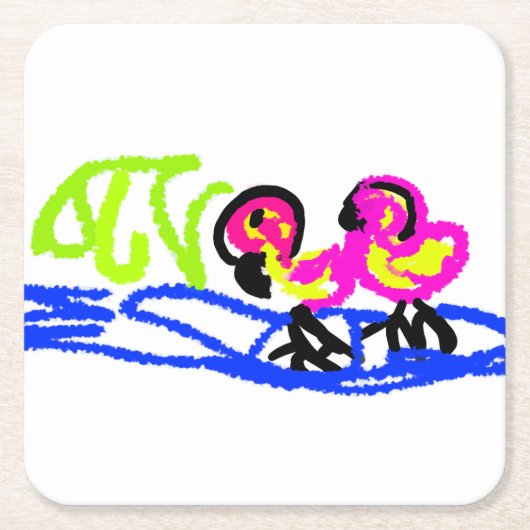 ピンク結婚フラミンゴの夏おもしろい スクエアペーパーコースター (正面)