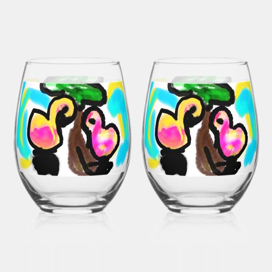 ピンク結婚フラミンゴ ステムなしワイングラス (正面)