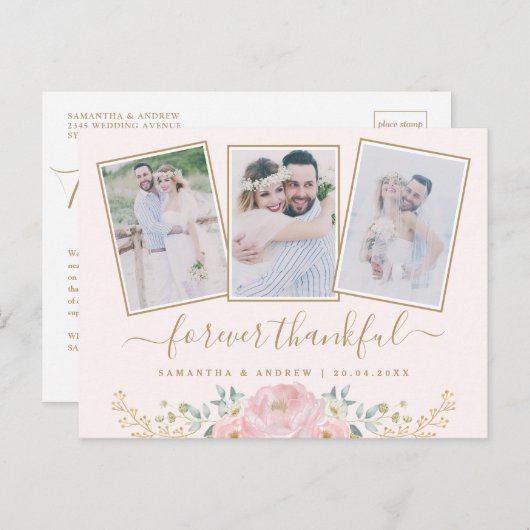 ピンク結婚フローラのコラージュサンキューカード 案内ポストカード (正面/裏面)
