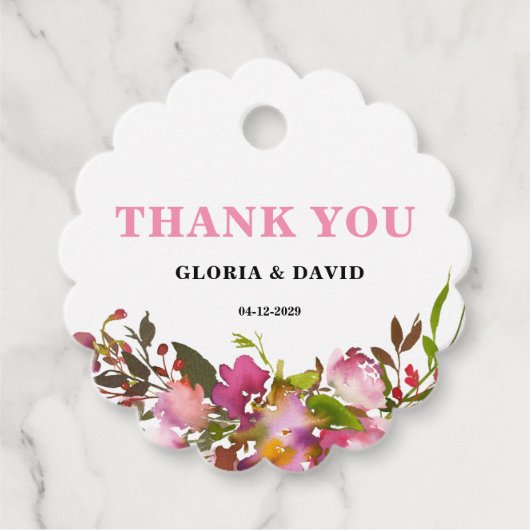 ピンク結婚フローラの丸いメッセージカード フェイバータグ (正面)