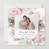 ピンク結婚フローラの写真Date Cardを保存 招待状 (正面)