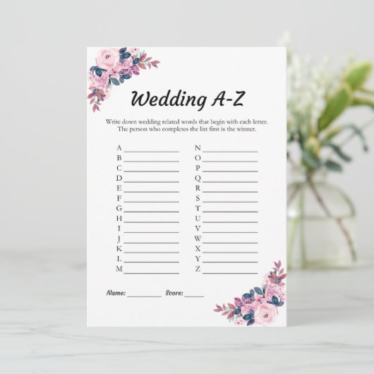 ピンク結婚フローラのA-Zブライダルシャワーゲームカード 招待状 (スタンド正面)
