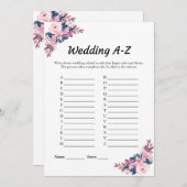 ピンク結婚フローラのA-Zブライダルシャワーゲームカード 招待状 (正面/裏面)