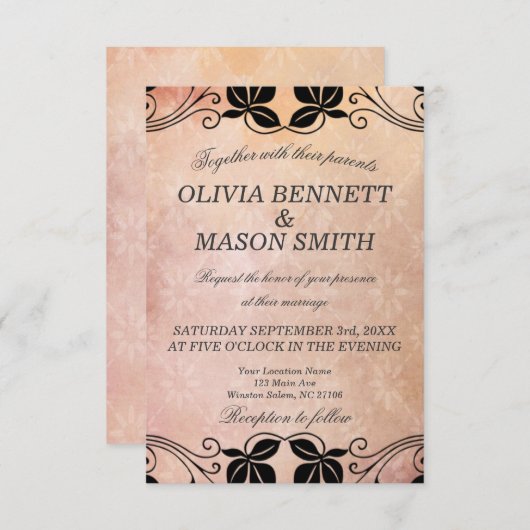 ピンク結婚フローラカード 招待状 (正面/裏面)