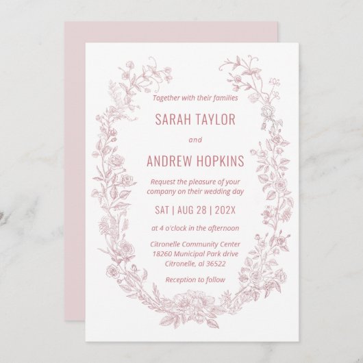 ピンク結婚フローラ素朴ボヘミア 招待状 (正面/裏面)