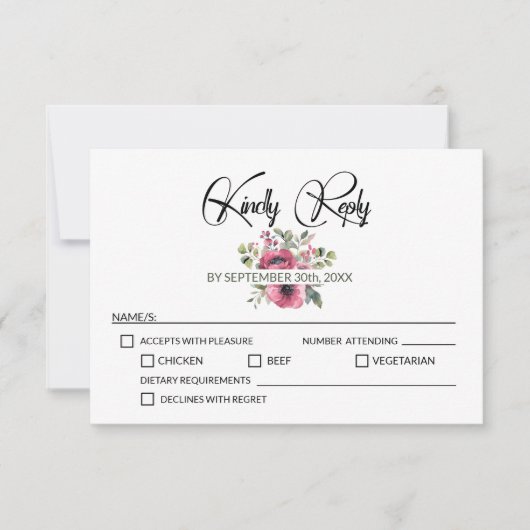 ピンク結婚フローラ 出欠カード (正面)